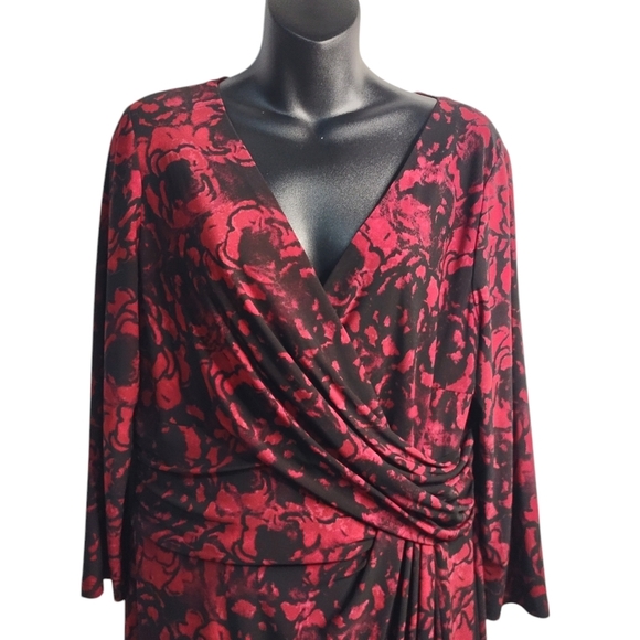 Chaps Women's Red Black Floral Print Empire Waist 3/4 Sleeve Dress Size L NWT - Picture 3 of 8